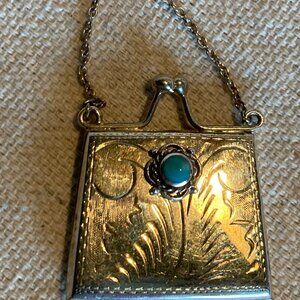 Beautiful little etched sterling purse pill box with turquoise stone